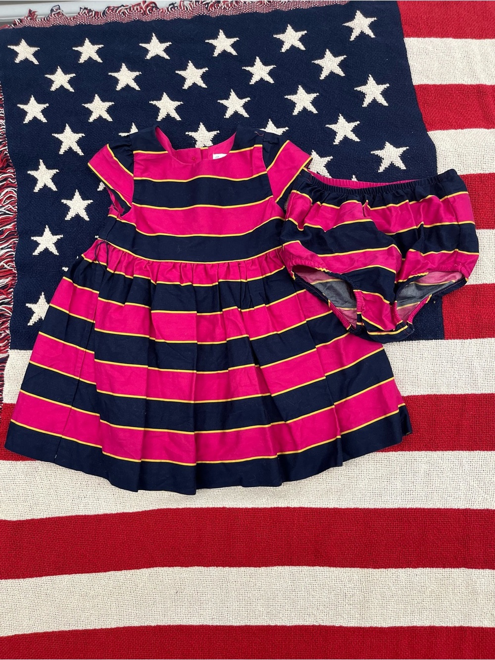 Ralph Lauren Navy Hot Pink Yellow Striped Dress with Bloomers Size 12 Month